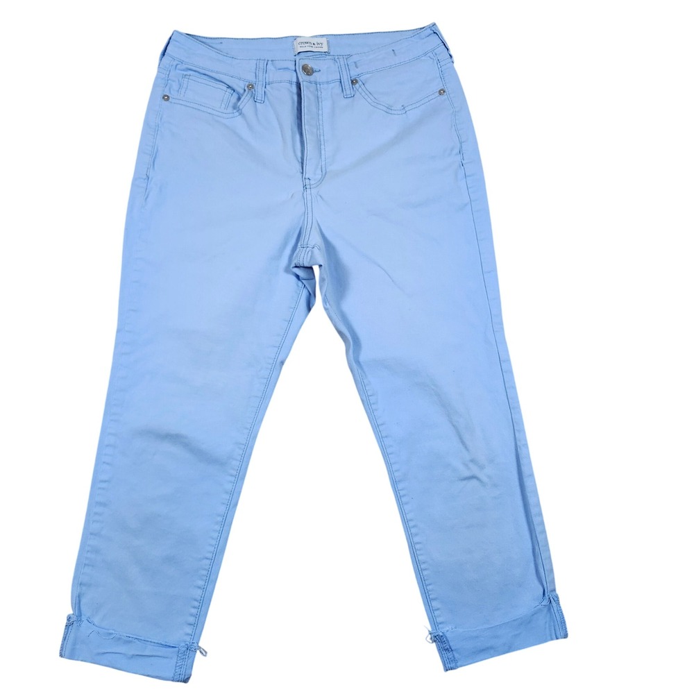 Crown &‎ Ivy Womens High Rise Skinny Crop Pants Light Blue Raw Hem Size 10P